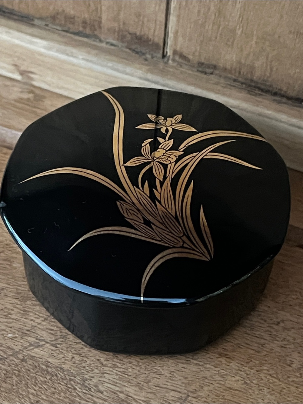 Vintage ‘70s Black and Gold Decorative Fine China Trinket Dish w/Removable Lid.